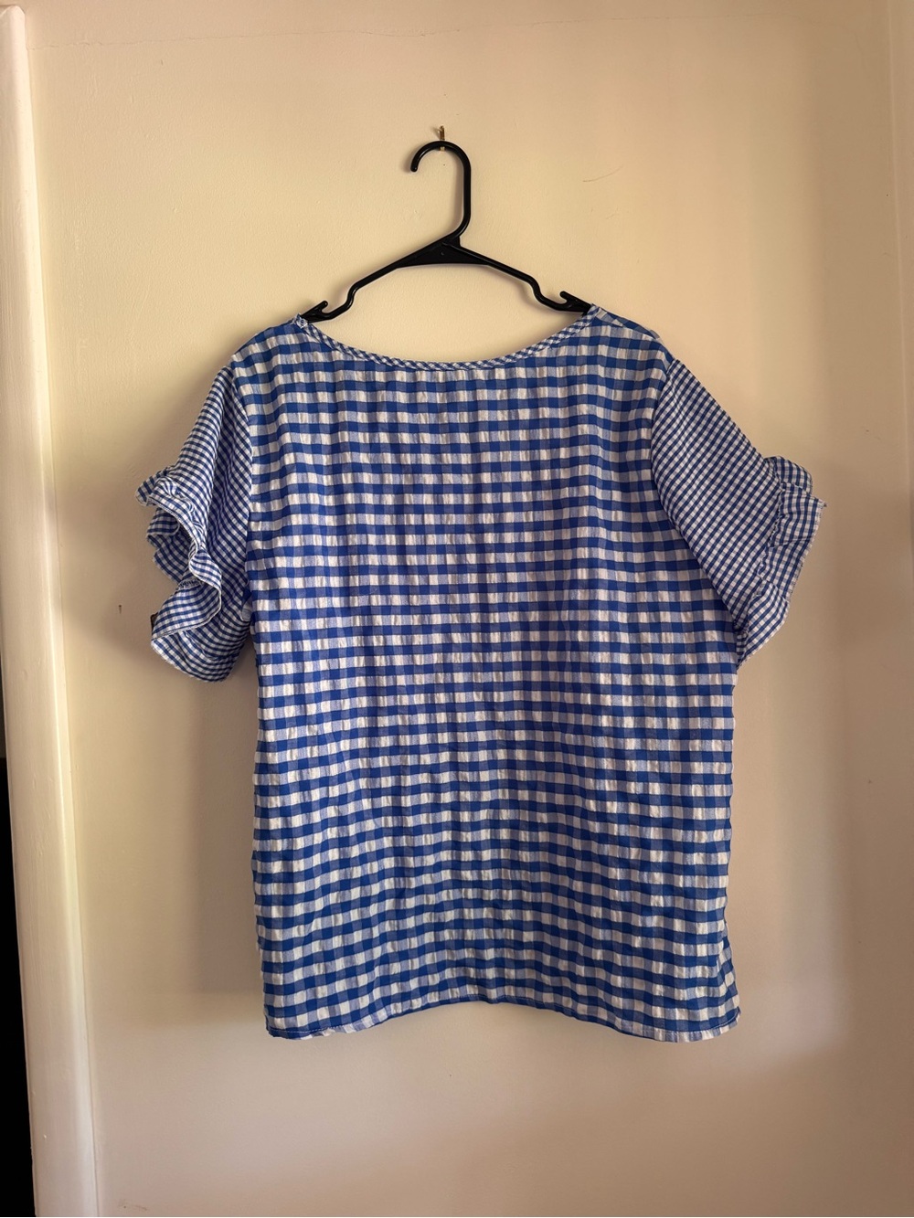 SHEIN Blue and White Gingham Ruffle Sleeve Blouse
